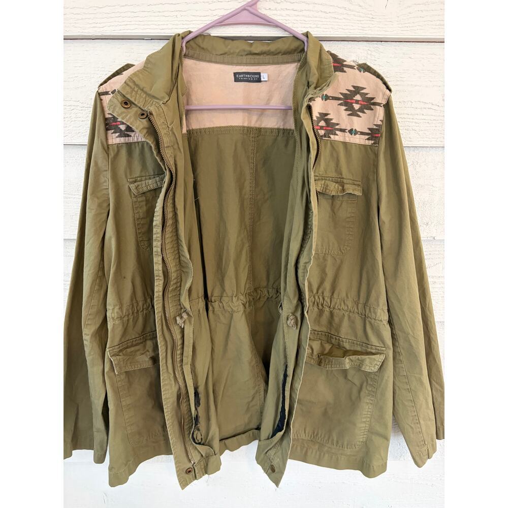 Earthbound Trading Co Aztec Utility Jacket Large Olive Green Military Jacket - Picture 8 of 9